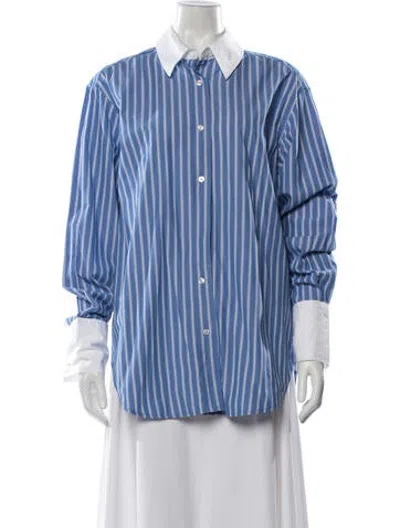 Pre-owned Samsoe & Samsoe Striped Long Sleeve Button-up Top In Blue