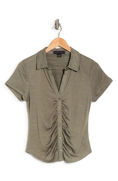 Sanctuary Ruched Short Sleeve Button-up Shirt In Leaf Green
