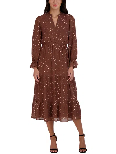 Sandra Darren Womens Polka Dot Tea Length Shift Dress In Brown