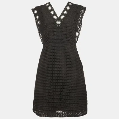 Pre-owned Sandro Black Crochet Lace Trim V Neck Mini Dress S