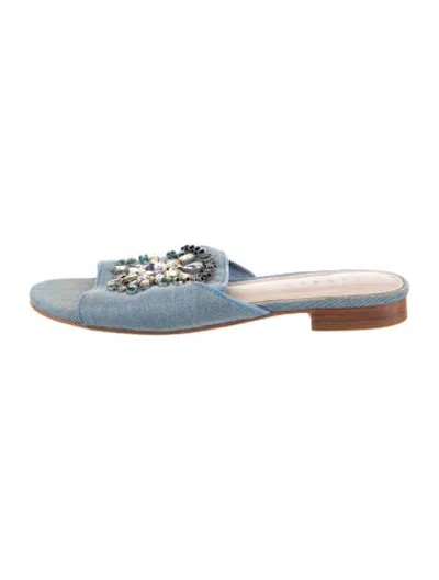 Pre-owned Sandro Denim Crystal Embellishments Slides In Blue