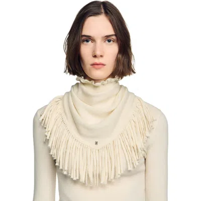 Sandro Fringed Wool Triangle Scarf In Neutral