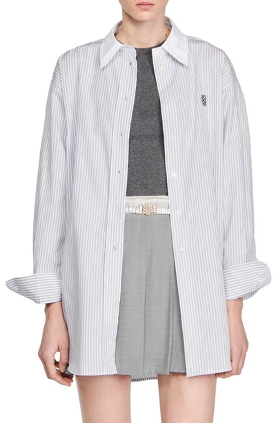Sandro Oversize Stripe Button-up Shirt In Grey/white