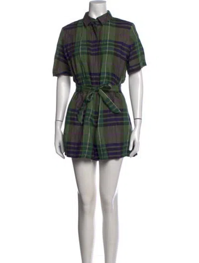 Pre-owned Sandro Plaid Print Romper In Green