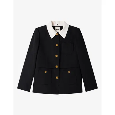 Sandro Womens Contrast-collar Button-down Wool Jacket Black In Multi