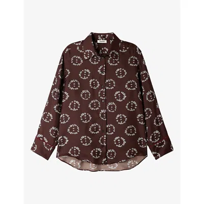 Sandro Womens Floral-print Long-sleeve Silk Shirt Brown