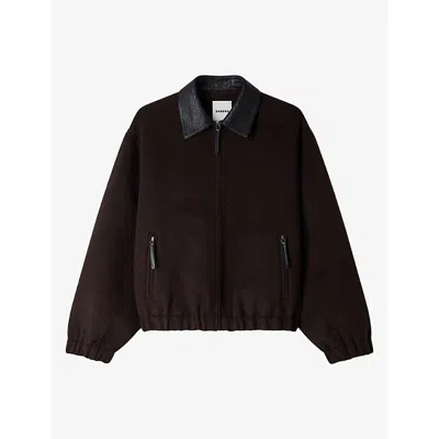 Sandro Womens Leather-collar Double-face Wool Coat Black Brown