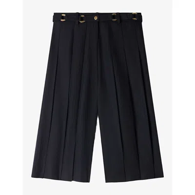 Sandro Womens Pleated Long-line Wool-blend Shorts Navy Blue