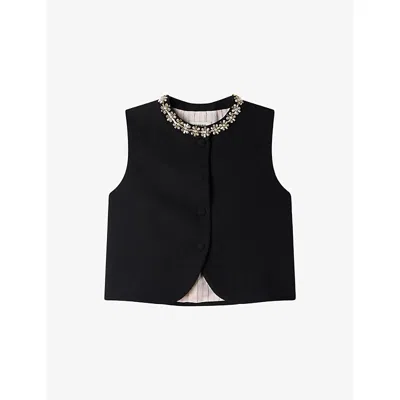 Sandro Womens Sleeveless Jewel-neck Wool Jacket Black