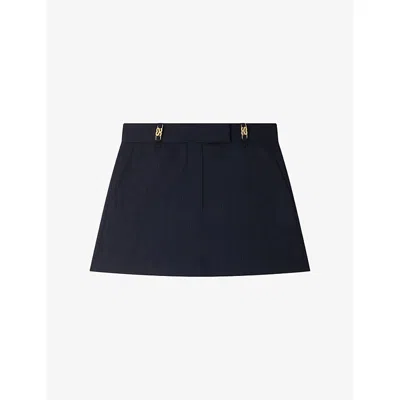 Sandro Womens Striped Flared-cut Stretch Wool-blend Mini Skirt Navy Blue In Black