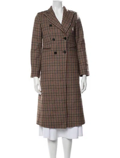 Pre-owned Sandro Wool Plaid Print Coat In Brown