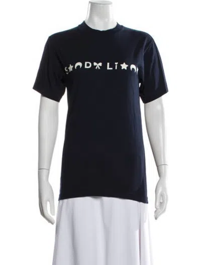 Pre-owned Sandy Liang Graphic Print Crew Neck T-shirt In Blue