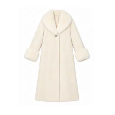 Santinni Women's White Sunset Boulevard Long Wool Coat With Faux Fur In Bianco In Neutral
