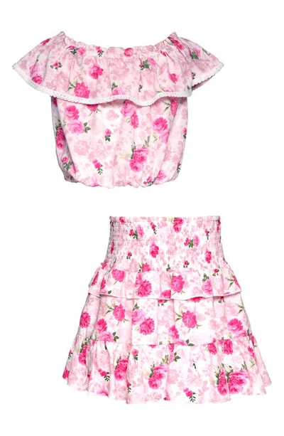 Sara Sara Kids' Floral Ruffle Top & Skirt Set In Pink Multi