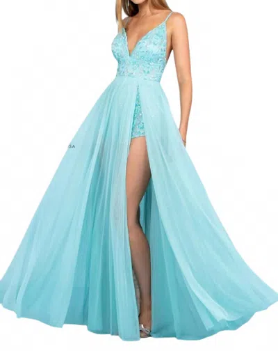 Scala V-neck Floor-length Tulle Prom A-line Dress In Turquoise/silver In Blue