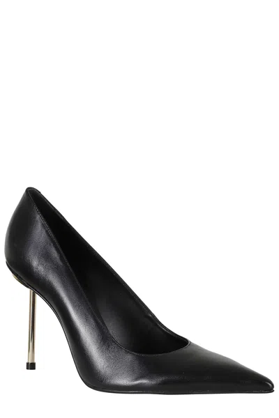 Schutz Gold Metallic Heel Pointed-toe Leather Pumps In Black