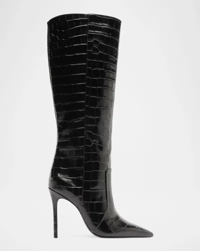 Schutz Samira 100mm Croc-embossed Leather Knee-high Boots In Black