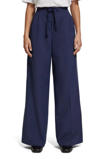 Scotch & Soda Eleni High Waist Wide Leg Trousers In Washed Navy Blue