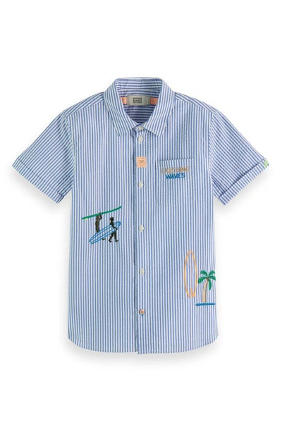 Scotch & Soda Kids' Stripe Embroidered Short Sleeve Cotton Button-up Shirt In 7187 Blue White