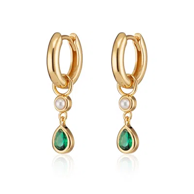 Scream Pretty Women's Gold Emerald Green Teardrop & Pearl Charm Hoop Earrings