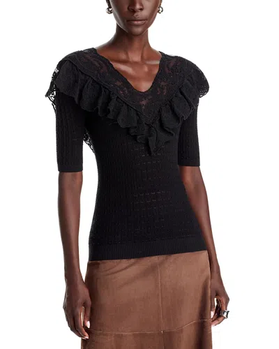 Sea Chandra Wool Ruffled Lace Trim Sweater In Black