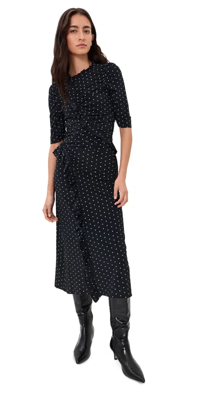 Sea Jeanne Polka Dot Print Ruched Midi Dress Black