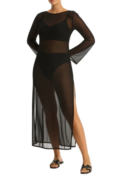 Sea Level Day Club Long Sleeve Mesh Cover-up Dress In Black