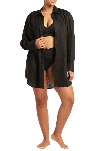 Sea Level Linen Button-up Cover-up Shirtdress In Black