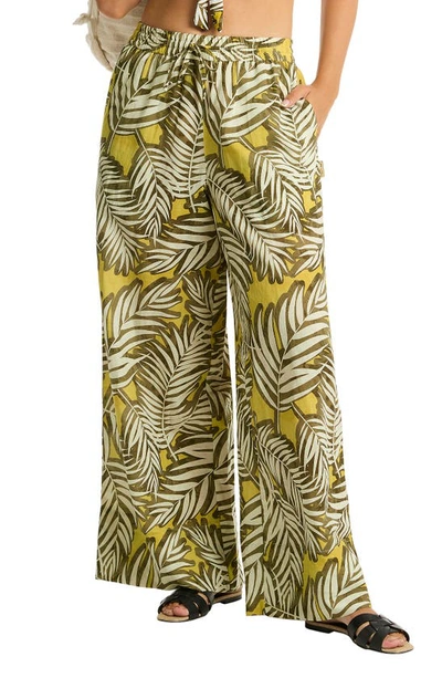 Sea Level Palm House Linen & Cotton Cover-up Palazzo Pants In Olive