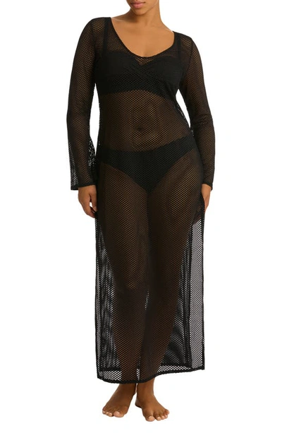 Sea Level Surf Long Sleeve Mesh Cover-up Dress In Black