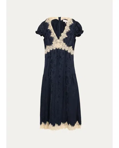 Sea Shay Floral Jacquard Lace-trim Midi Dress In Blue