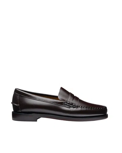 Sebago Dark Brown Smooth Leather Hand-stitched Loafers In Red