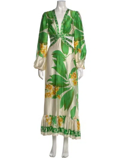 Pre-owned Secret Mission Silk Long Dress In Green