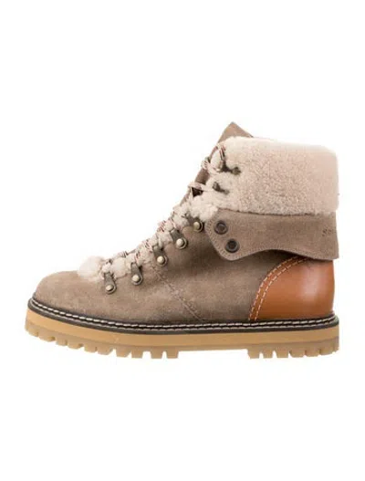 Pre-owned See By Chloé Suede Fur Trim Hiking Boots In Neutrals