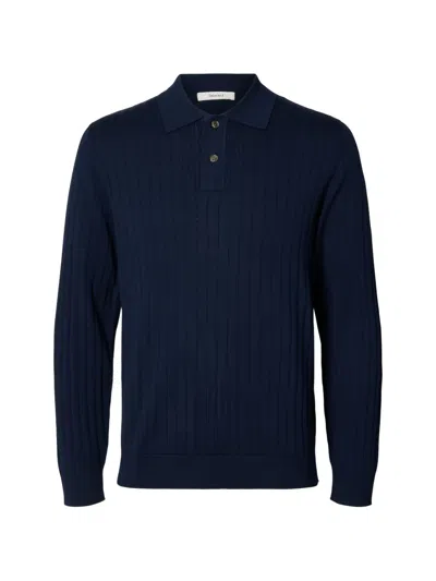 Selected Ribbed-knit Polo Polo Shirt In Blue