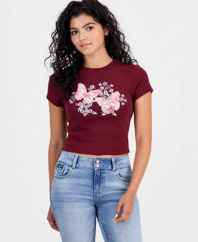 Self Esteem Juniors' Butterfly Embroidered Cropped T-shirt In Burgundy