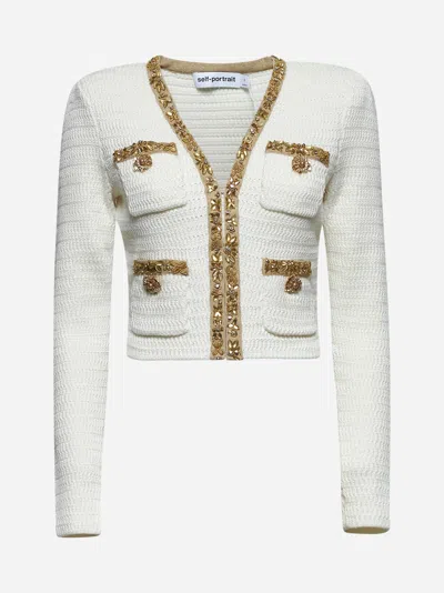 Self-portrait Cream Knit Lurex Trim Cardigan
