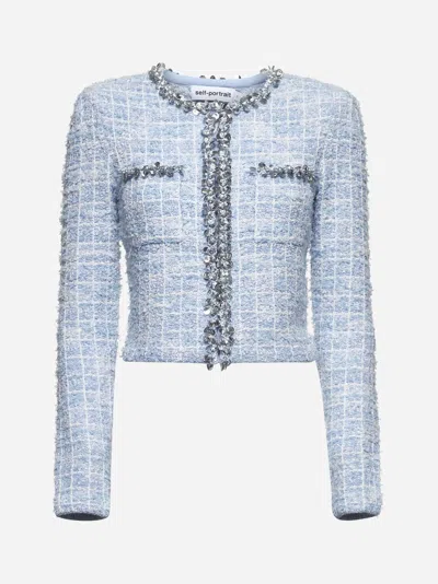 Self-portrait Light Blue Sequin Check Tweed Cardigan