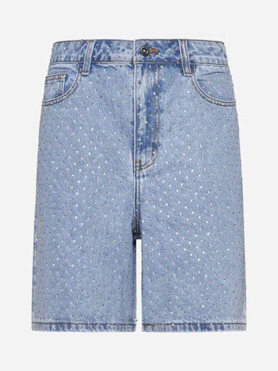 Self-portrait Rhinestone Denim Shorts In Light Blue