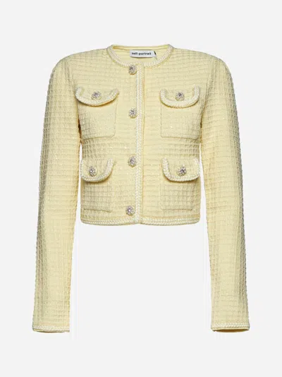 Self-portrait Textured Knit Jacket In Yellow