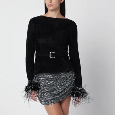 Self-portrait Black Chenille Knit Top With Feather Trim And Removable Waist Belt