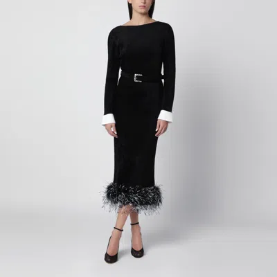 Self-portrait Black Midi Chenille Knit Dress With Feather Trim, Removable Belt