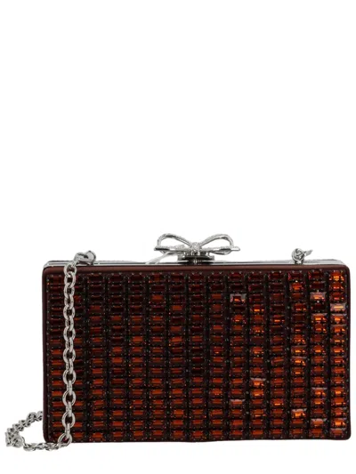 Self-portrait Brown Textured Glossy Embellished Polyester Clutch In Red