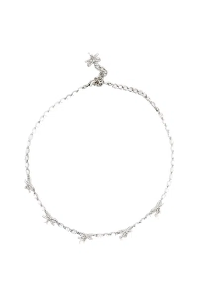 Self-portrait Crystal Bow Pearl Charm Brass Necklace In Multi