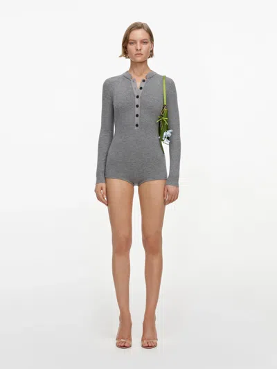 Self-portrait Fitted Wool-blend Button-front Crew Neck Dress In Grigio