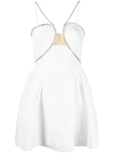Self-portrait Flared Mini Dress In Smooth Taffeta With Rhinestone Embellishments In White