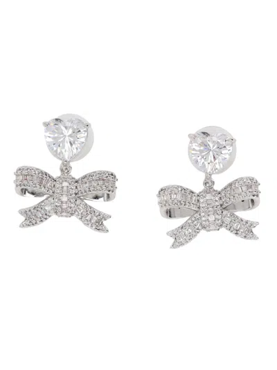 Self-portrait Heart-shaped Cz Bow Drop Earrings In Silver