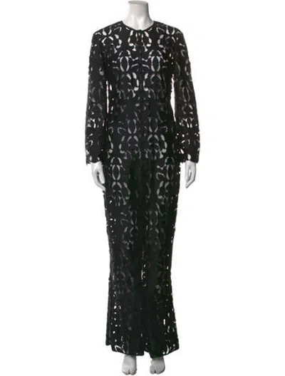 Pre-owned Self-portrait Lace Pattern Crew Neck Jumpsuit In Black