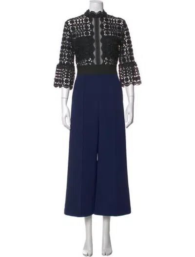 Pre-owned Self-portrait Lace Pattern Mock Neck Jumpsuit In Blue