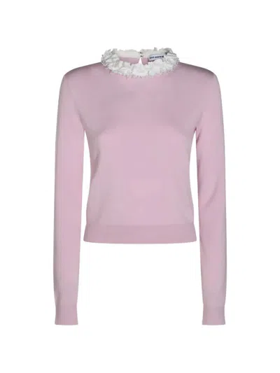 Self-portrait Long-sleeved Sweater With Floral Appliques In Pink